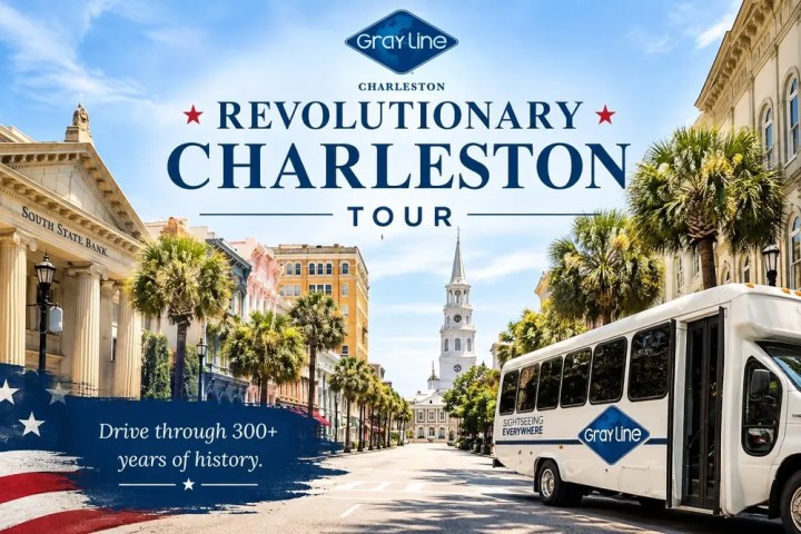 Street view with palm trees, historic buildings, church, and tour bus promoting Charleston tour.