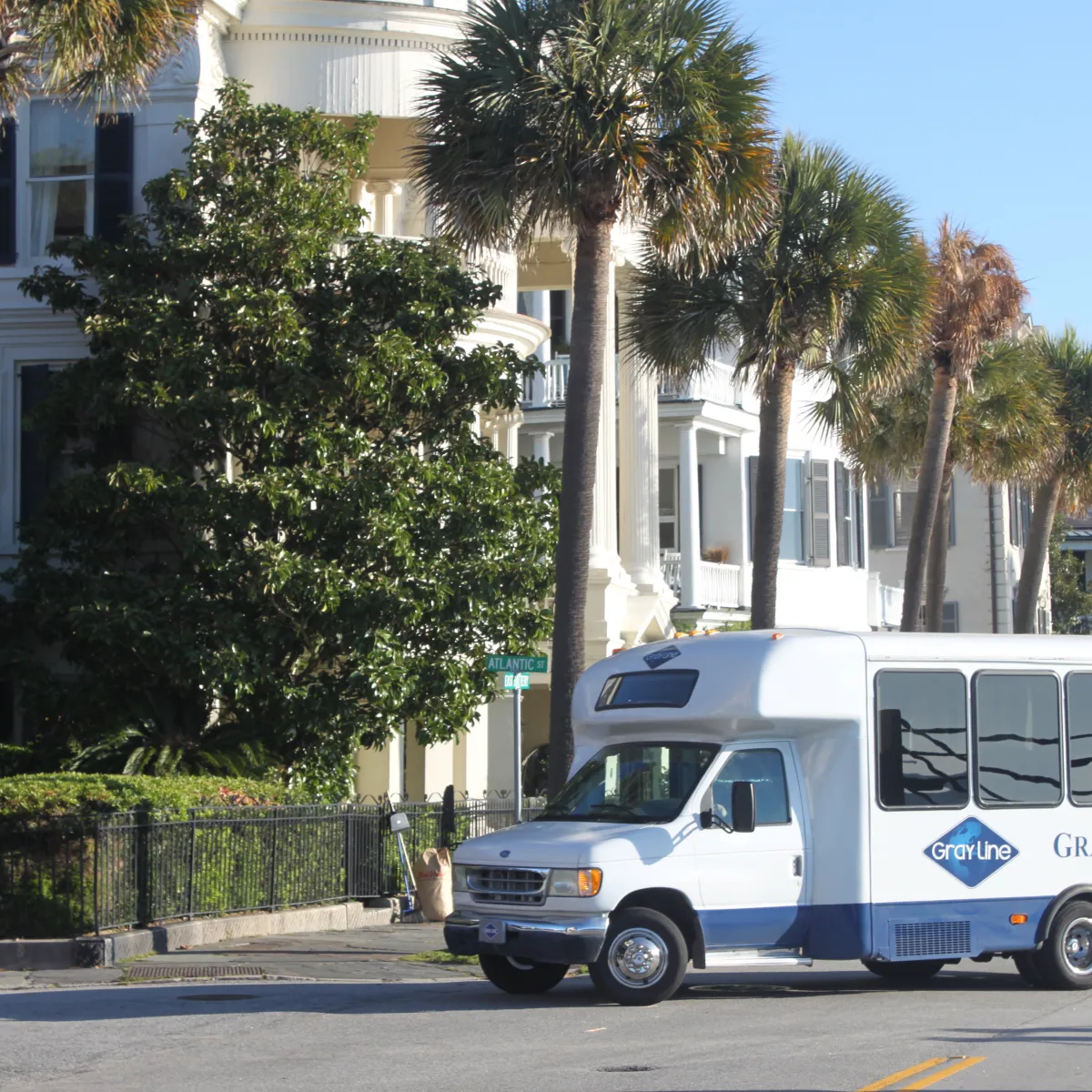 Tour bus on street with palm trees and historic buildings.